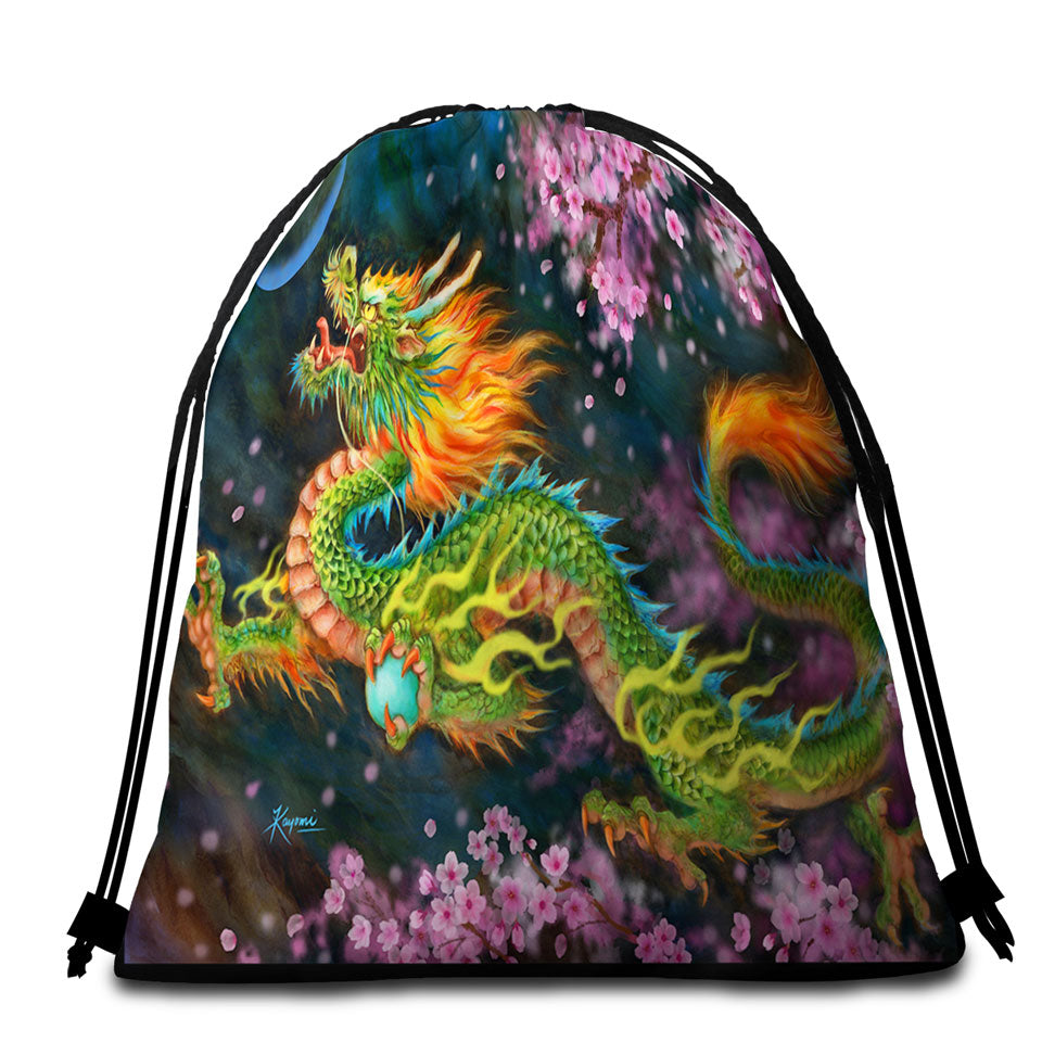 Cool Fantasy Art Cherry Blossom Dragon Beach Towel Bags