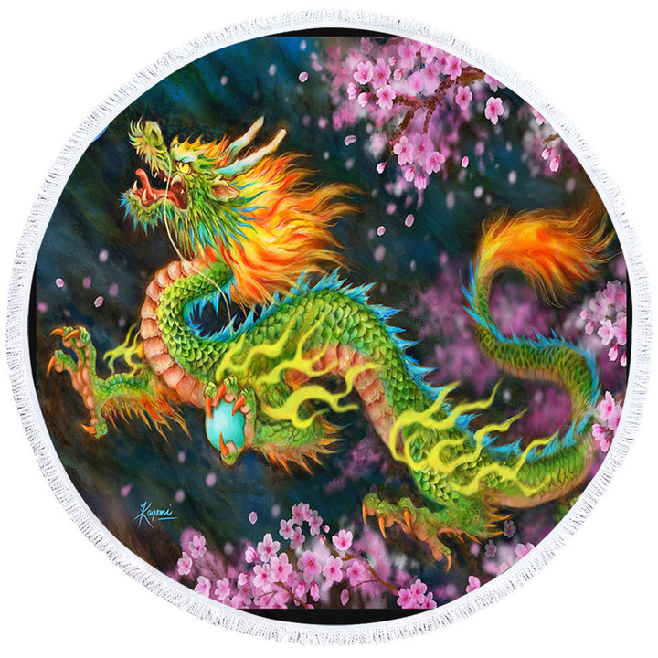 Cool Fantasy Art Cherry Blossom Dragon Round Beach Towel