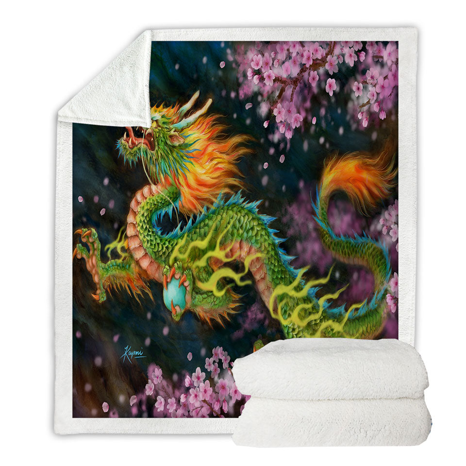 Cool Fantasy Art Cherry Blossom Dragon Sherpa Blanket