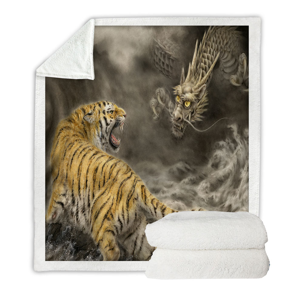 Cool Fantasy Art Dragon vs Tiger Sherpa Blanket