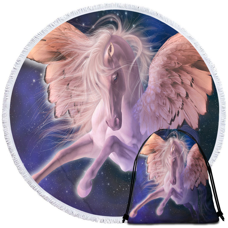 Cool Fantasy Art Flying White Horse Pegasus Round Beach Towel