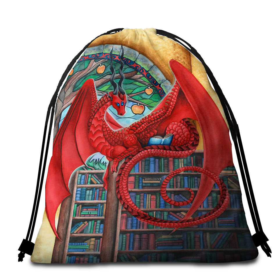 Cool Fantasy Art Librarian Red Dragon Beach Towels Bag