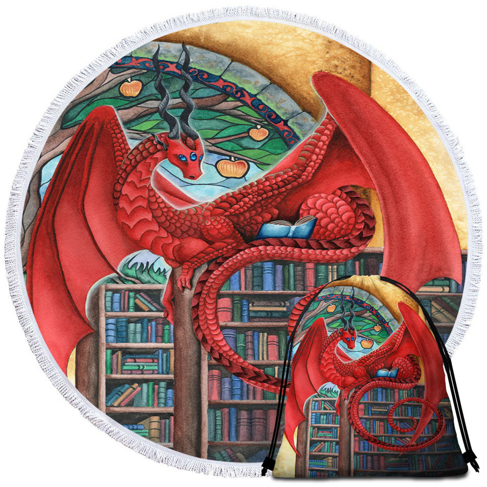 Cool Fantasy Art Librarian Red Dragon Beach Towels and Bags Set