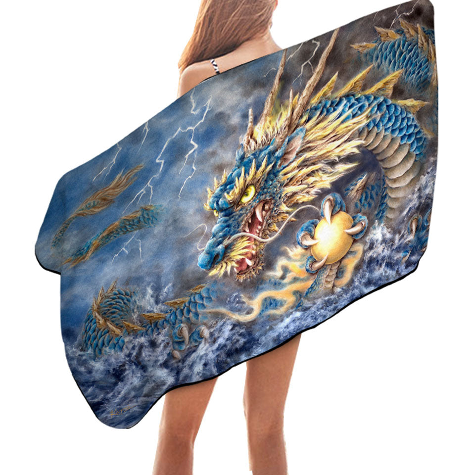 Cool Fantasy Art Ocean Storm Blue Dragon Beach Towels