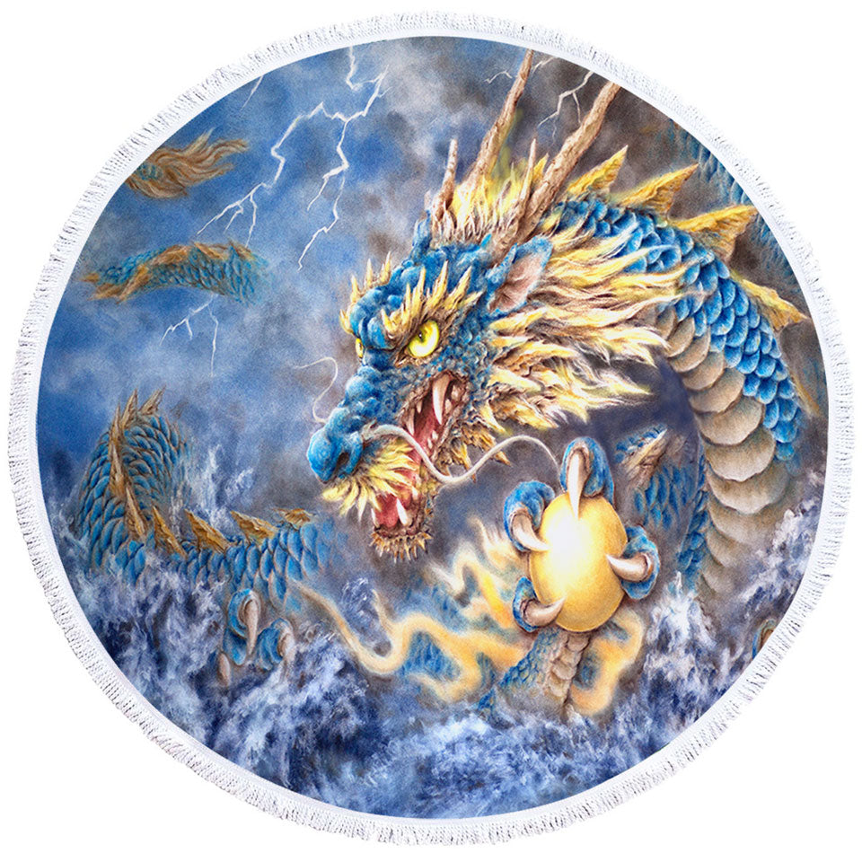 Cool Fantasy Art Ocean Storm Blue Dragon Ciecle Beach Towel