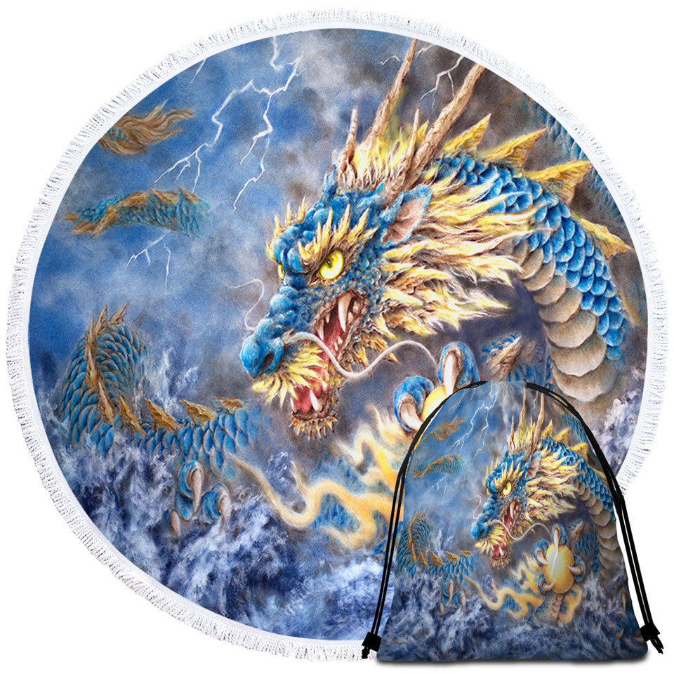 Cool Fantasy Art Ocean Storm Blue Dragon Round Beach Towel