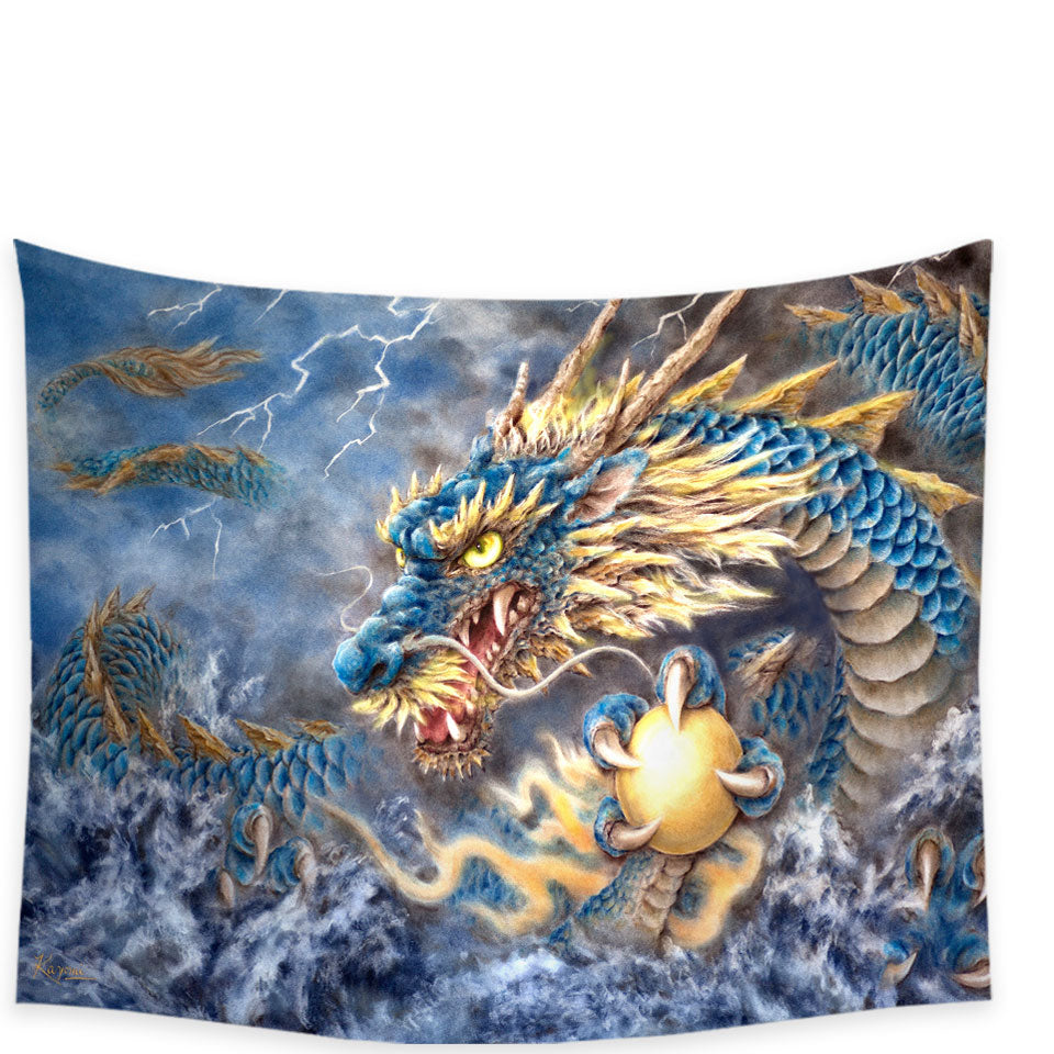 Cool Fantasy Art Ocean Storm Blue Dragon Tapestry for Room Decor