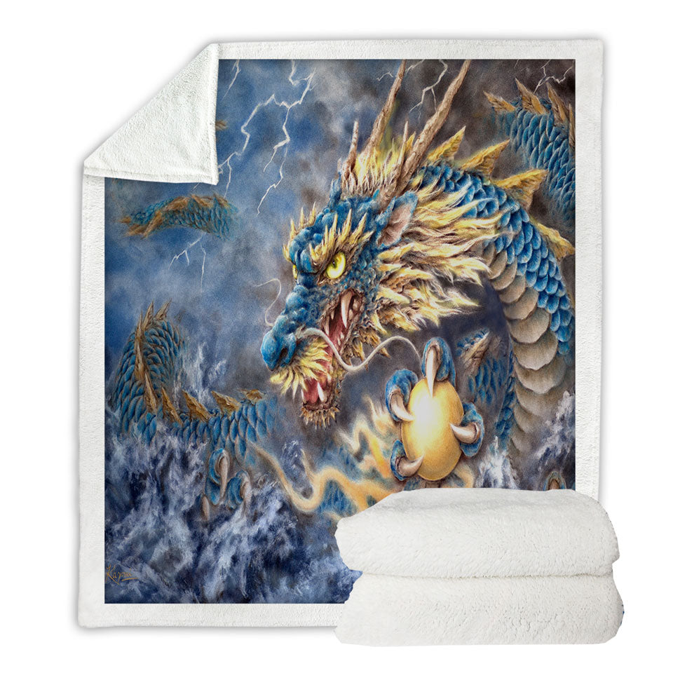 Cool Fantasy Art Ocean Storm Blue Dragon Throw Blanket for Sofa