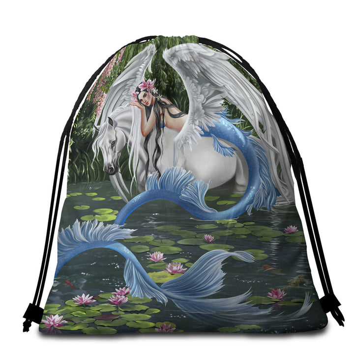 Cool Fantasy Art Pegasus and Water Lilies Pond Mermaid Beach Bags and Towels