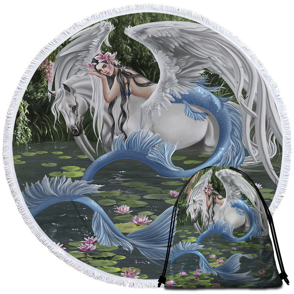 Cool Fantasy Art Pegasus and Water Lilies Pond Mermaid Beach Towels