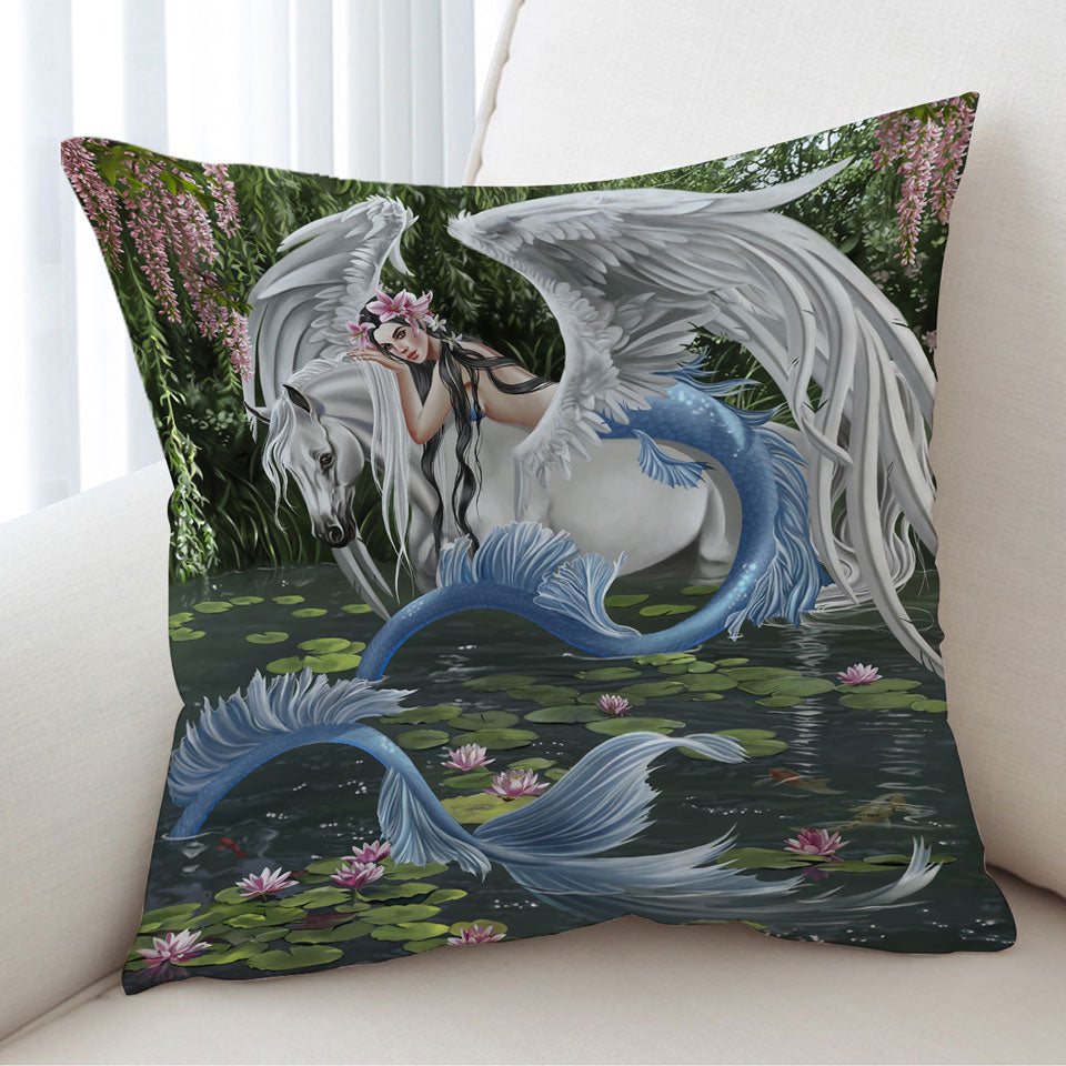 Cool Fantasy Art Pegasus and Water Lilies Pond Mermaid Cushion Covers