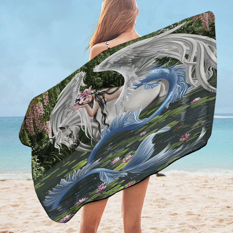 Cool Fantasy Art Pegasus and Water Lilies Pond Mermaid Pool Towels