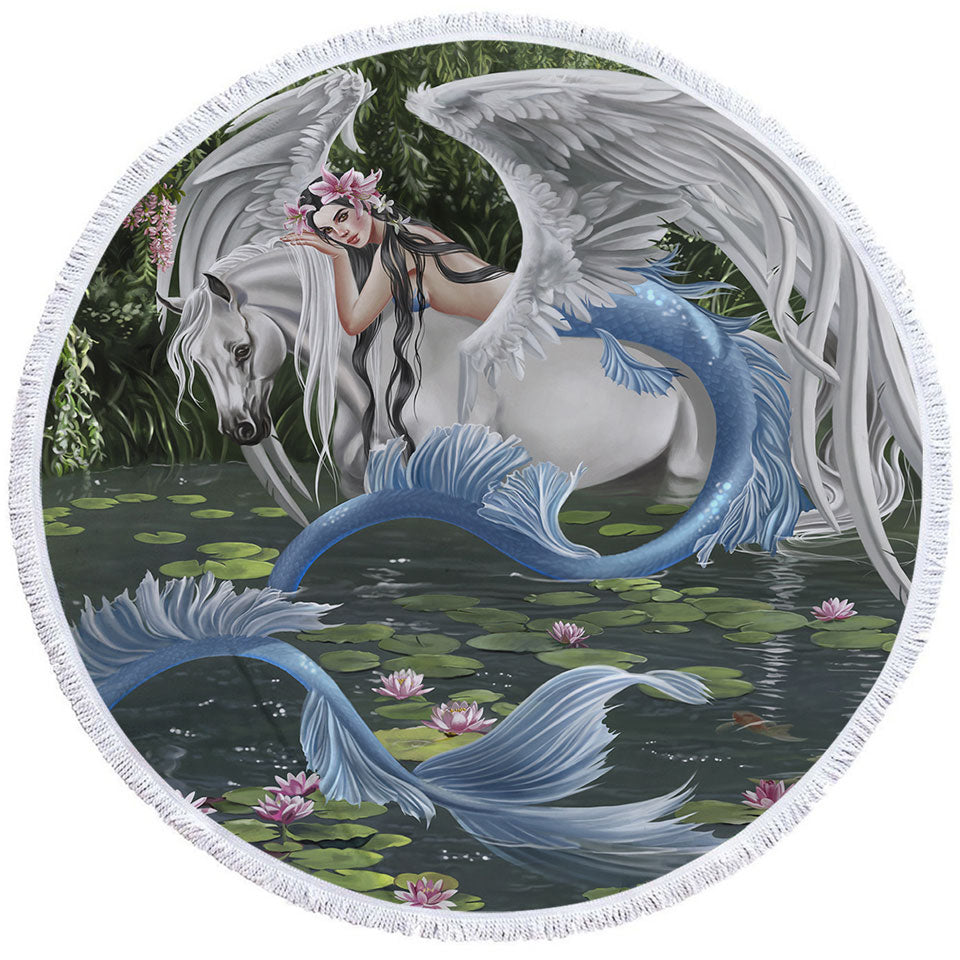 Cool Fantasy Art Pegasus and Water Lilies Pond Mermaid Round Beach Towel