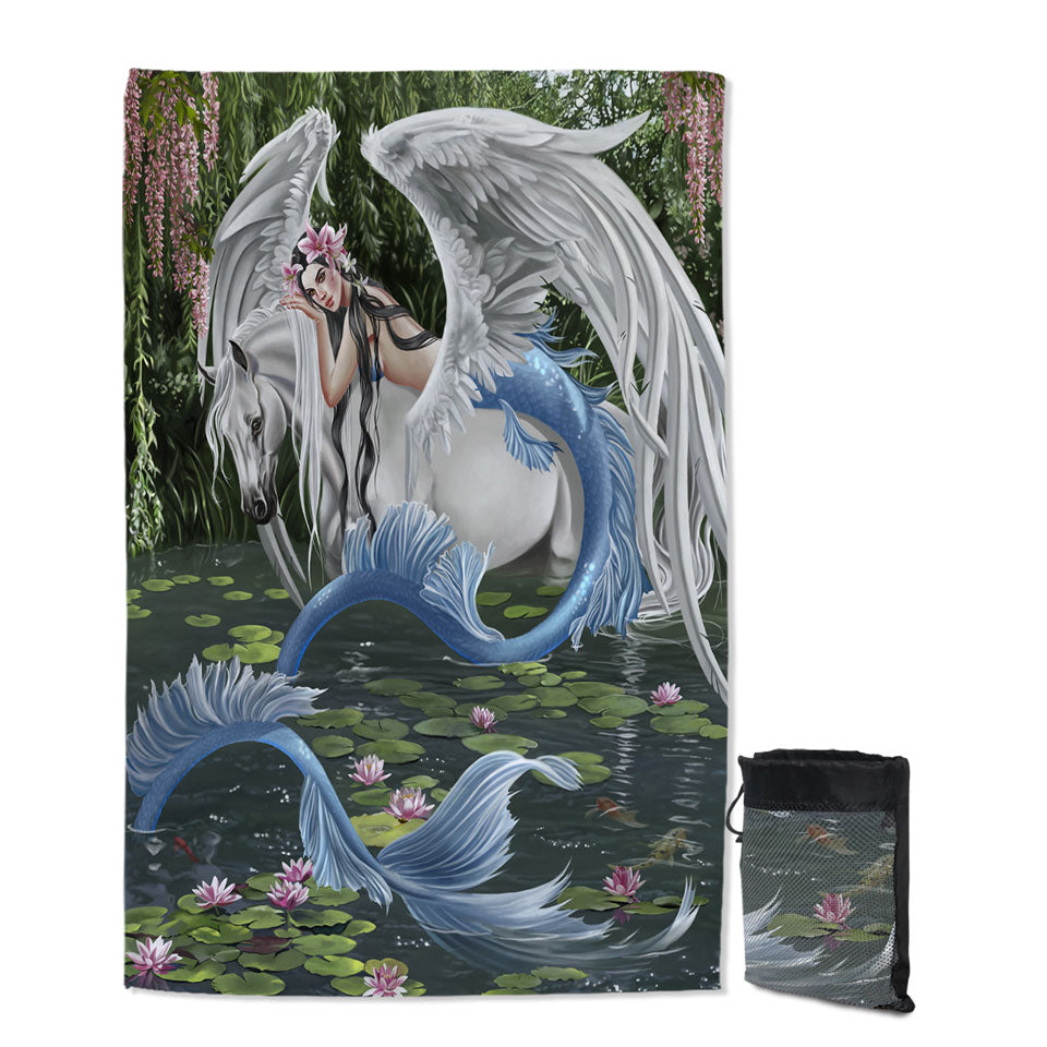 Cool Fantasy Art Pegasus and Water Lilies Pond Mermaid Travel Beach Towel