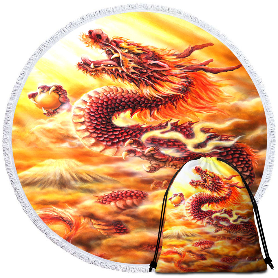 Cool Fantasy Art Red Clouds Dragon Circle Beach Towel