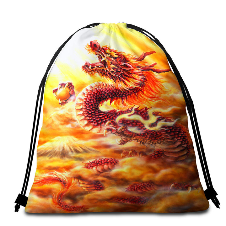 Cool Fantasy Art Red Clouds Dragon Packable Beach Towel