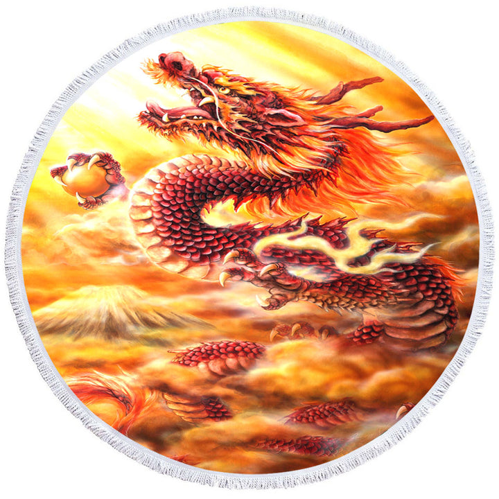 Cool Fantasy Art Red Clouds Dragon Round Beach Towel