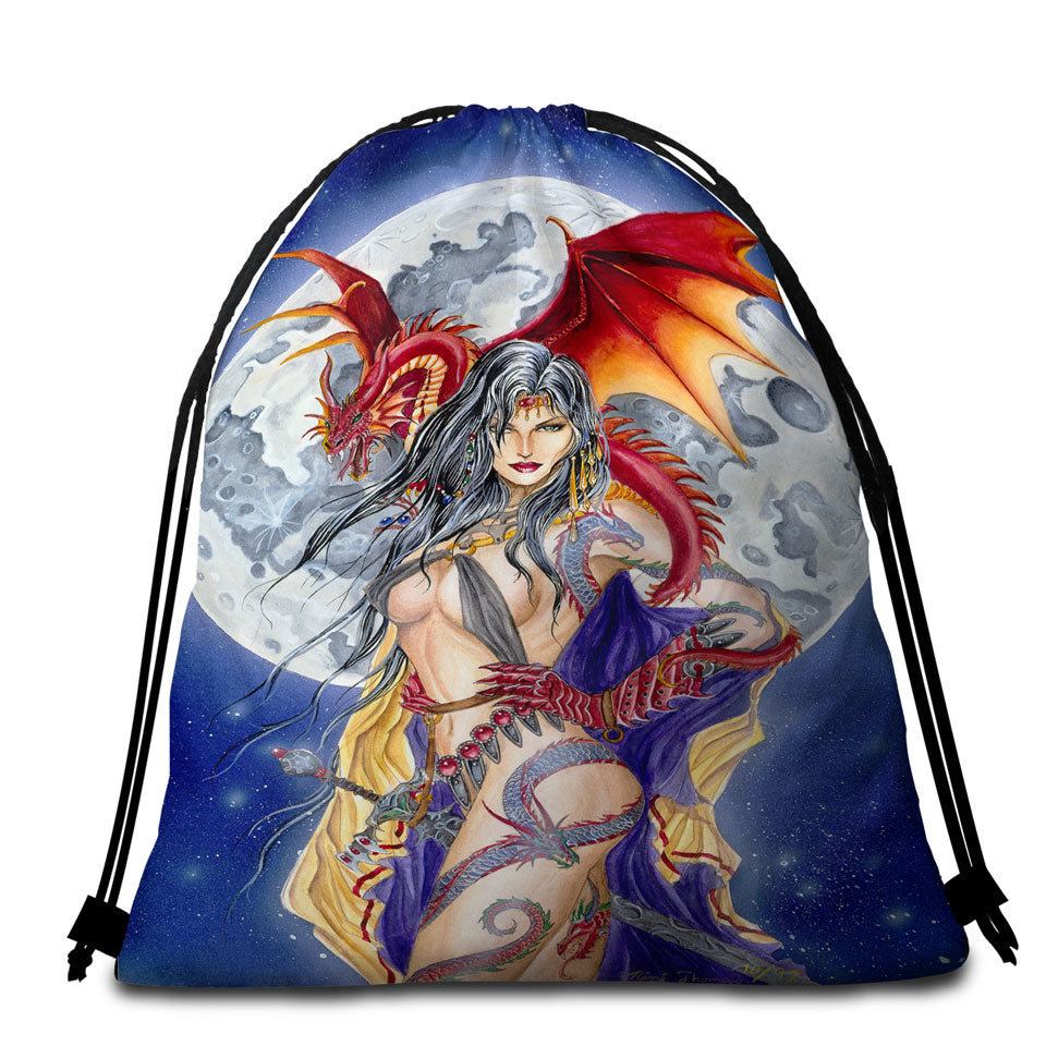 Cool Fantasy Art Sexy Warrior Beach Bags and Towels Lady and Her Moon Dragon