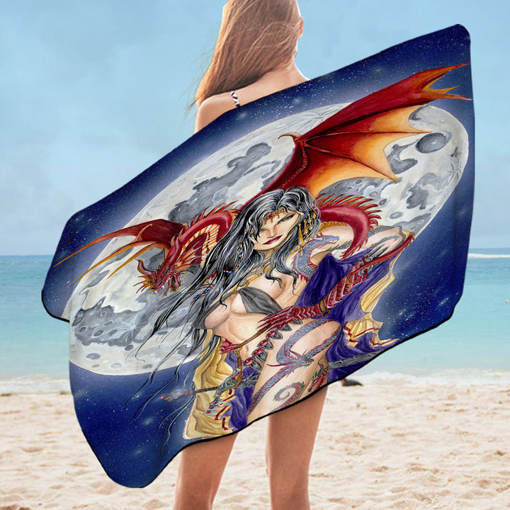 Cool Fantasy Art Sexy Warrior Beach Towels for Men Lady and Her Moon Dragon