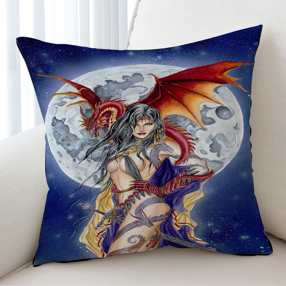 Cool Fantasy Art Sexy Warrior Cushion Cover Lady and Her Moon Dragon