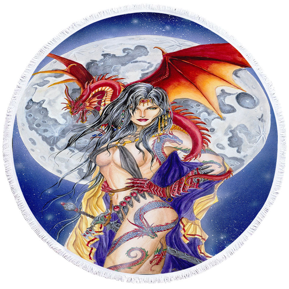 Cool Fantasy Art Sexy Warrior Mens Beach Towel Lady and Her Moon Dragon