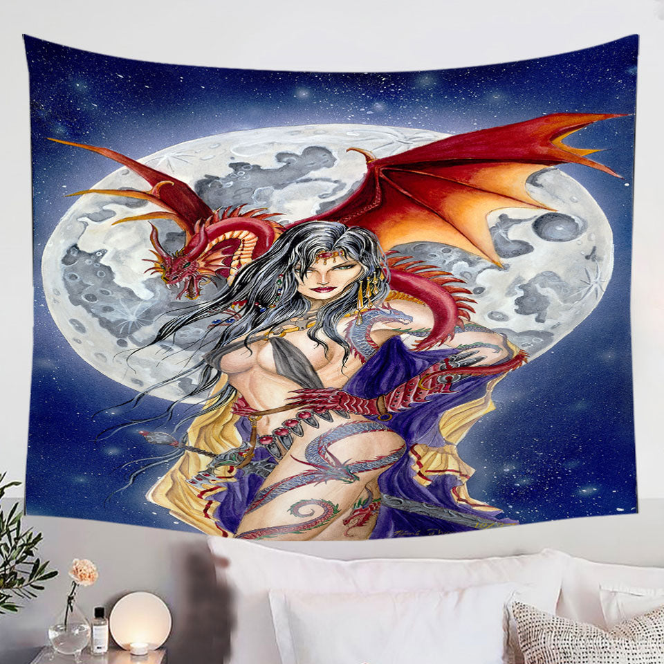 Cool-Fantasy-Art-Sexy-Warrior-Wall-Decor-for-Men-Lady-and-Her-Moon-Dragon