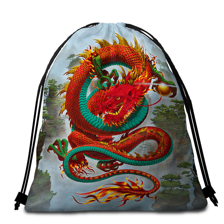 Cool Fantasy Good Fortune Red Chinese Dragon Beach Towel Bags