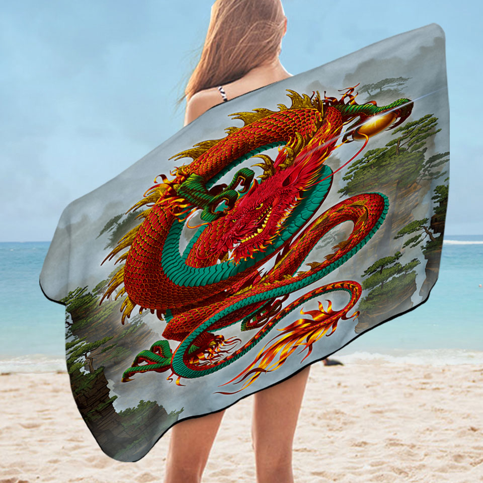 Cool Fantasy Good Fortune Red Chinese Dragon Pool Towels