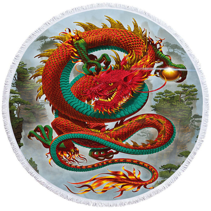Cool Fantasy Good Fortune Red Chinese Dragon Round Beach Towel