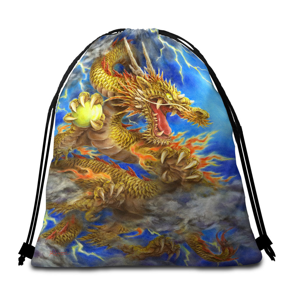 Cool Fantasy Lightning Storm and Golden Dragon Beach Towels and Bags