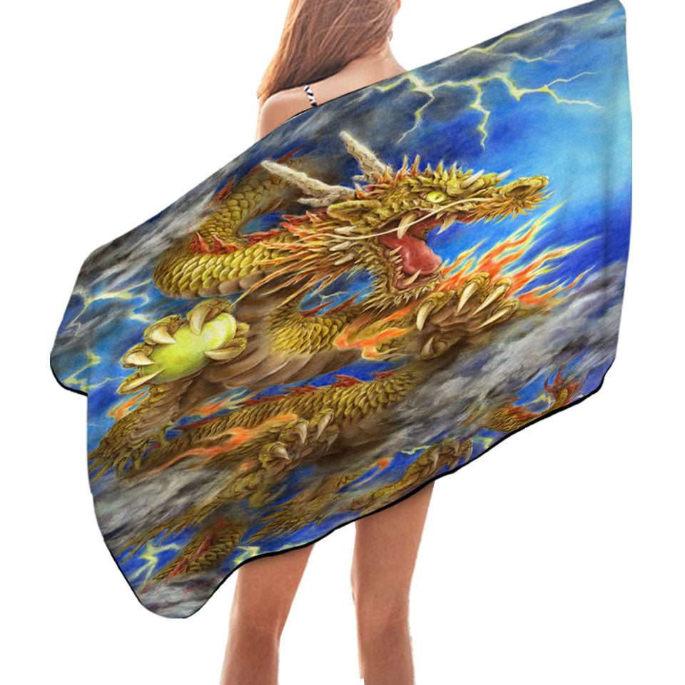 Cool Fantasy Lightning Storm and Golden Dragon Beach Towels