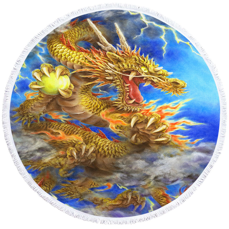 Cool Fantasy Lightning Storm and Golden Dragon Best Beach Towels