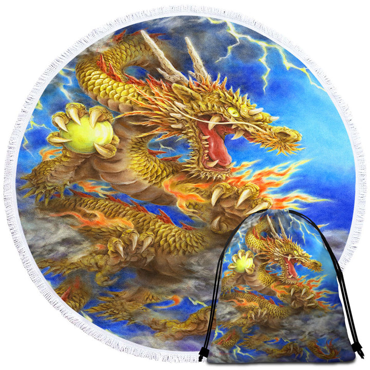 Cool Fantasy Lightning Storm and Golden Dragon Big Beach Towels