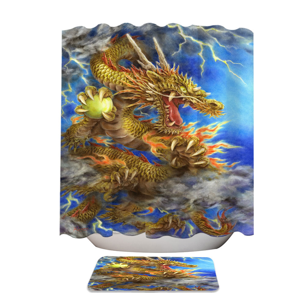 Cool Fantasy Lightning Storm and Golden Dragon Shower Curtains