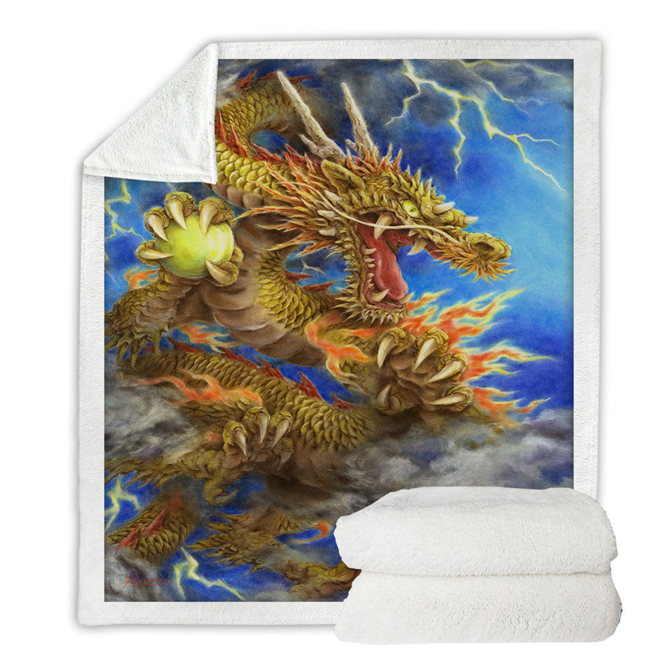 Cool Fantasy Lightning Storm and Golden Dragon Sofa Blankets