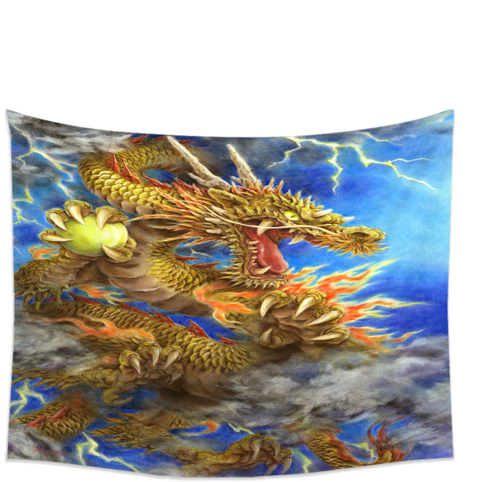 Cool Fantasy Lightning Storm and Golden Dragon Tapestry and Wall Decor Prints
