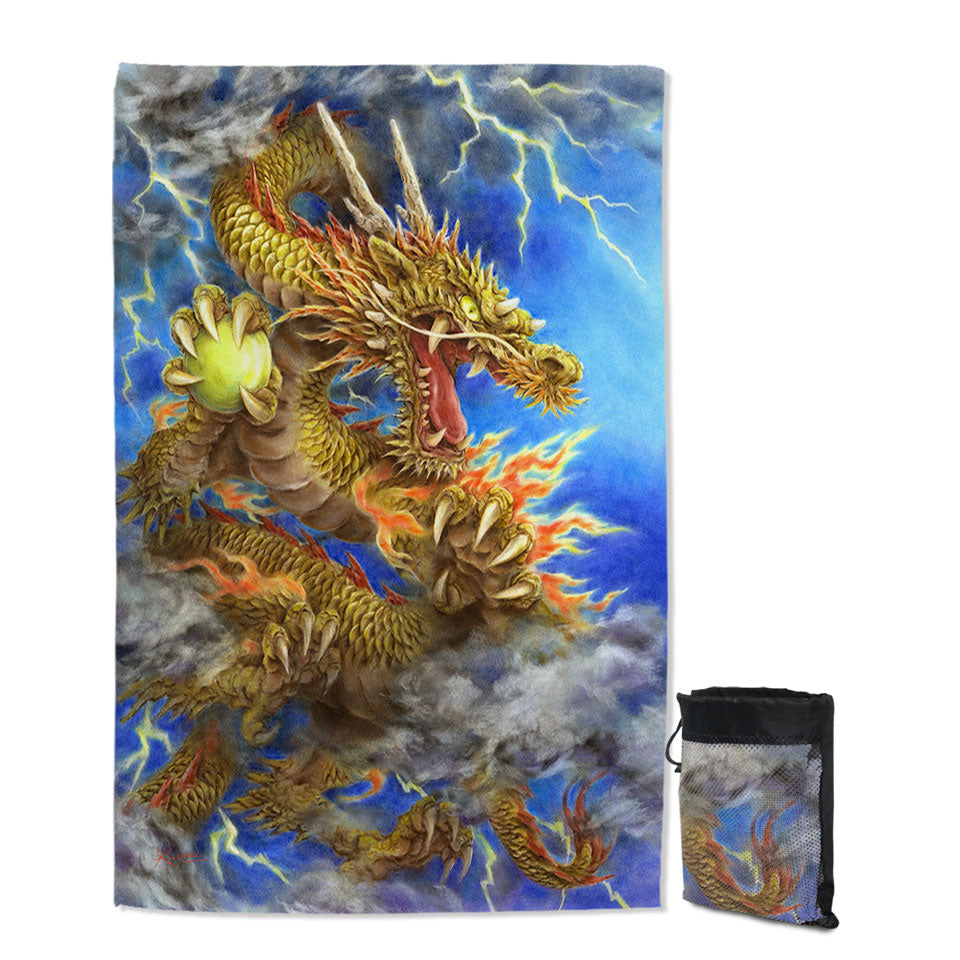 Cool Fantasy Lightning Storm and Golden Dragon Thin Beach Towels