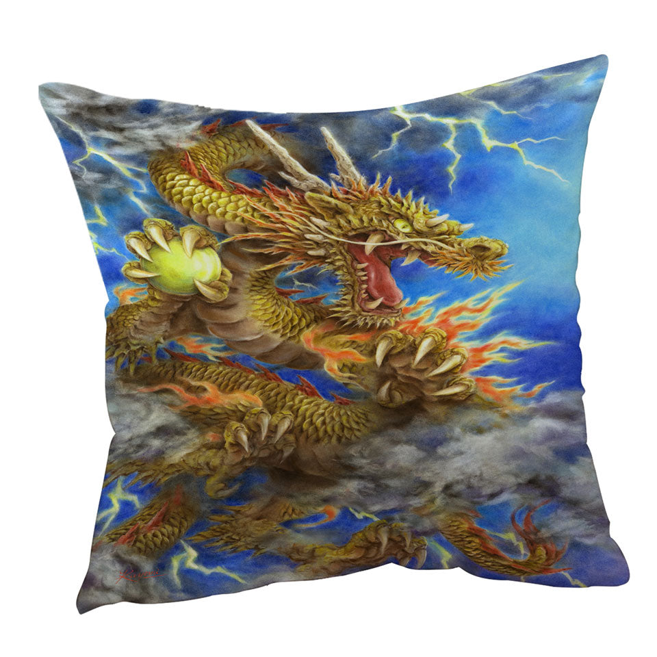 Cool Fantasy Lightning Storm and Golden Dragon Throw Pillows
