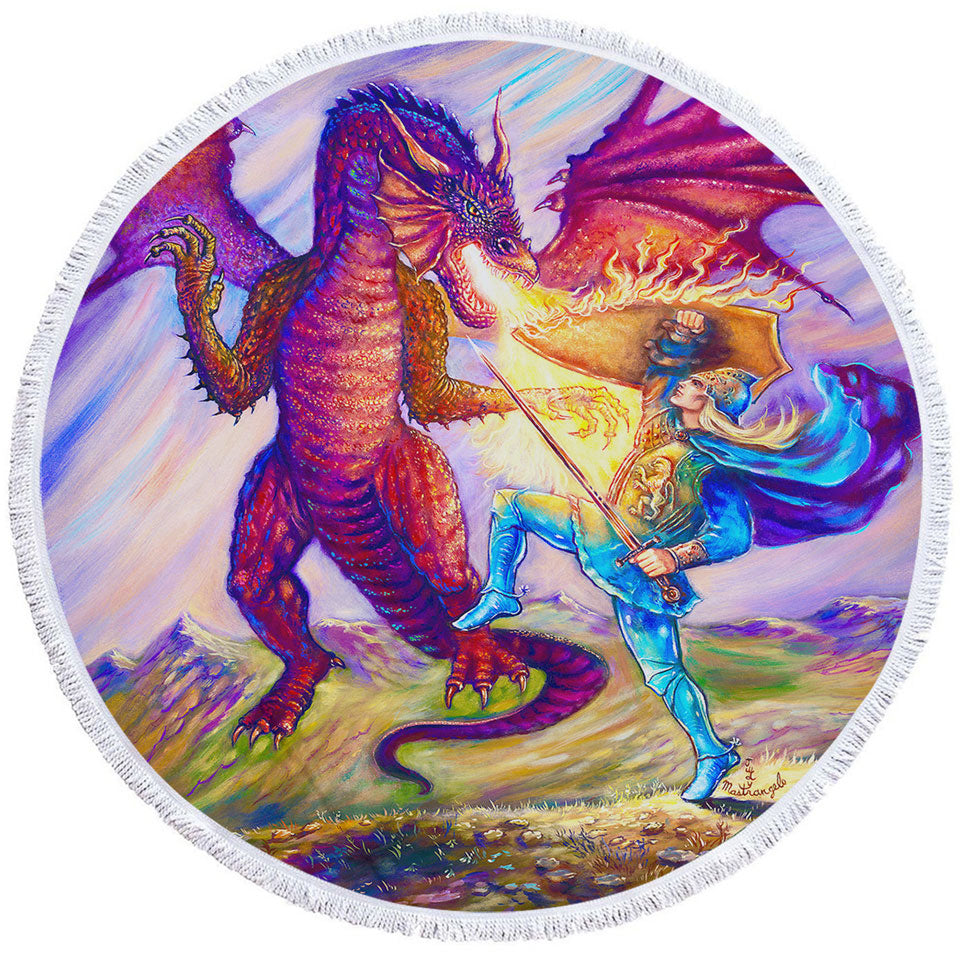 Cool Fantasy Round Beach Towel Art Painting Saint George and the Dragon
