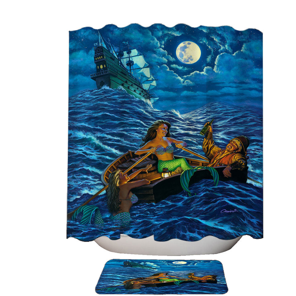 Cool Farewell Party Pirate Ship and Mermaids Fabric Shower Curtains