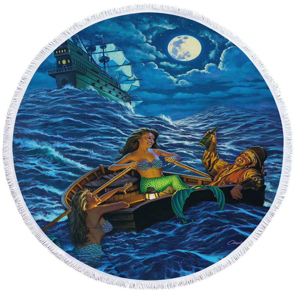Cool Farewell Party Pirate Ship and Mermaids Round Towel