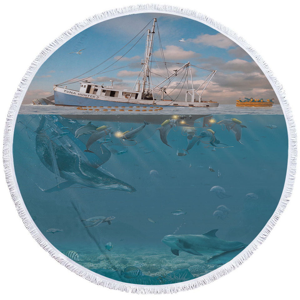 Cool Fiction Ocean Art Rage of the Dolphin Round Beach Towel