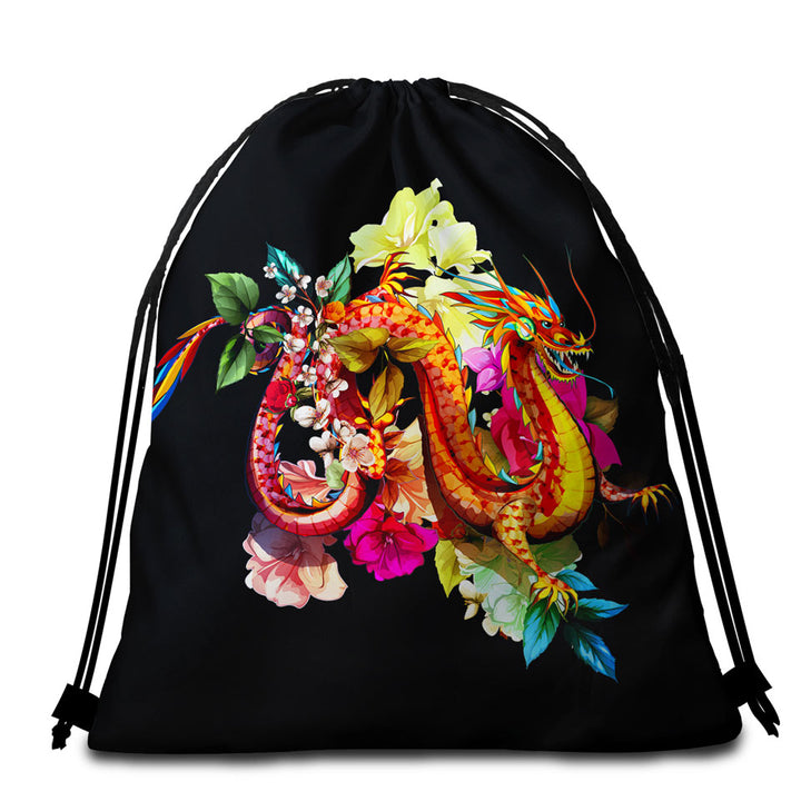 Cool Floral Red Dragon Beach Towel Bags