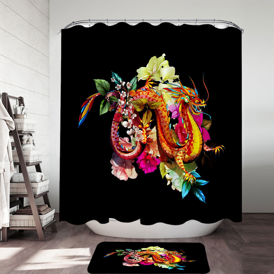 Cool Floral Red Dragon Fabric Shower Curtains