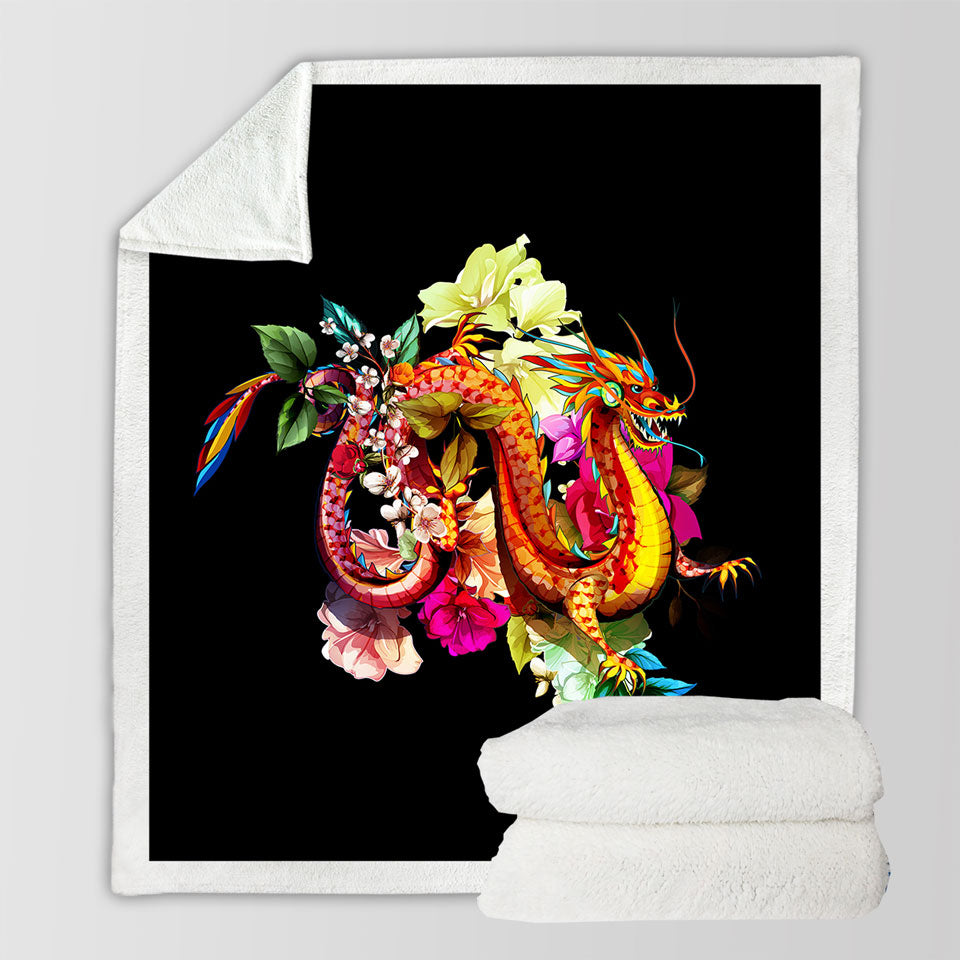 Cool Floral Red Dragon Fleece Blankets