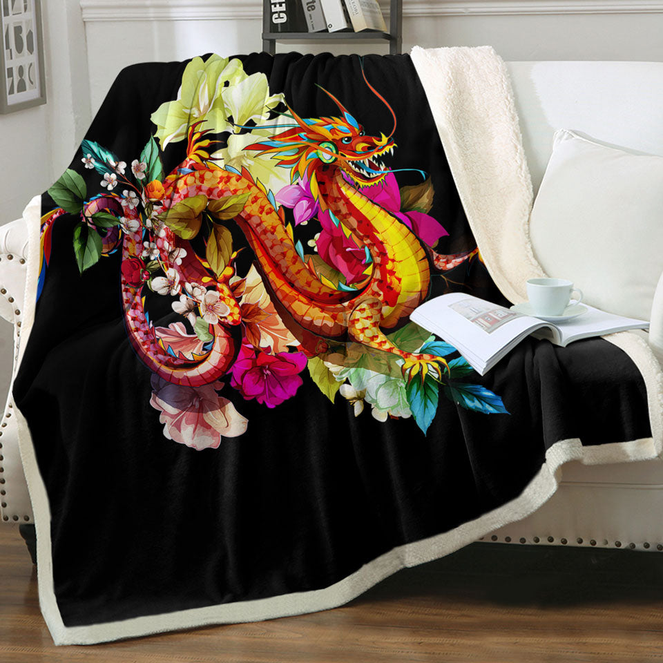 Cool Floral Red Dragon Sherpa Blanket