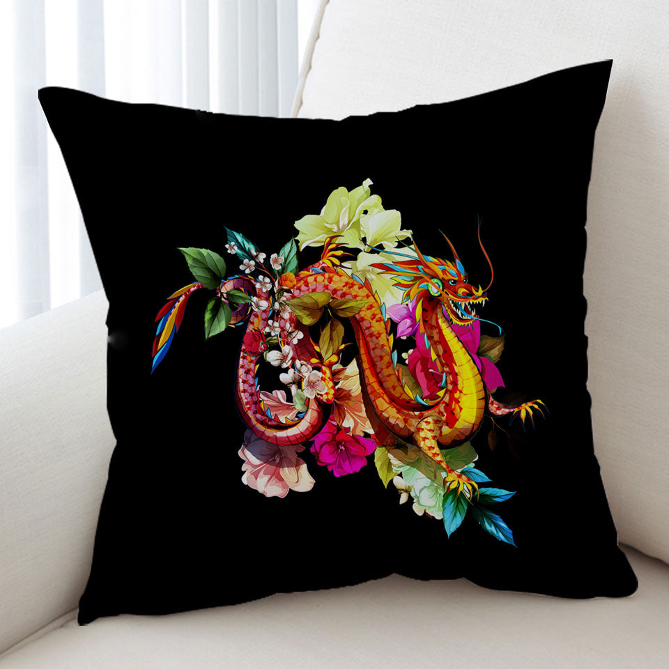 Cool Floral Red Dragon Throw Pillow