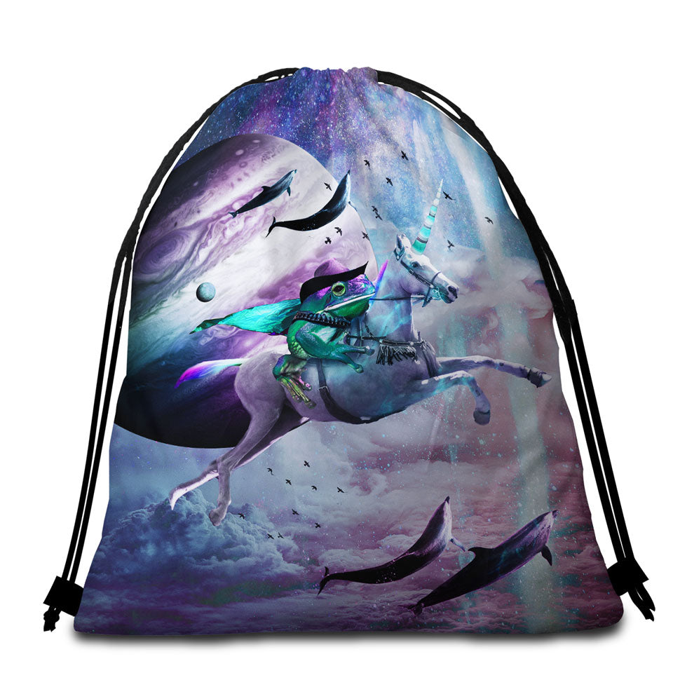 Cool Funny Beach Bags and Towels Crazy Art Epic Frog Riding Unicorn in Space