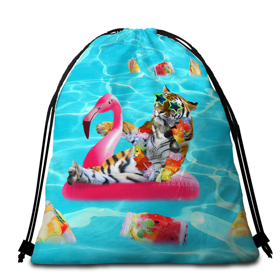 Cool Funny Beach Towel Bags Vacation Tiger on Flamingo Floatie