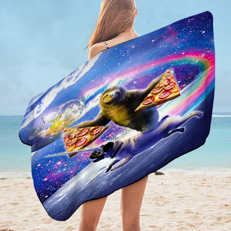 Cool Funny Beach Towel Space Pizza Sloth Riding Pug Dog